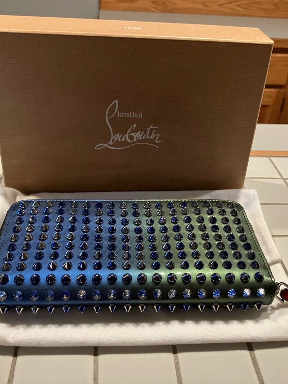 Christian Louboutin Green to Blue Studded Zip Wallet - Picture 3 of 6
